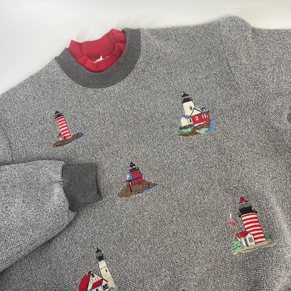 BonWorth Vintage Lighthouse Embroidered Sweatshirt Petite M Nautical Coastal